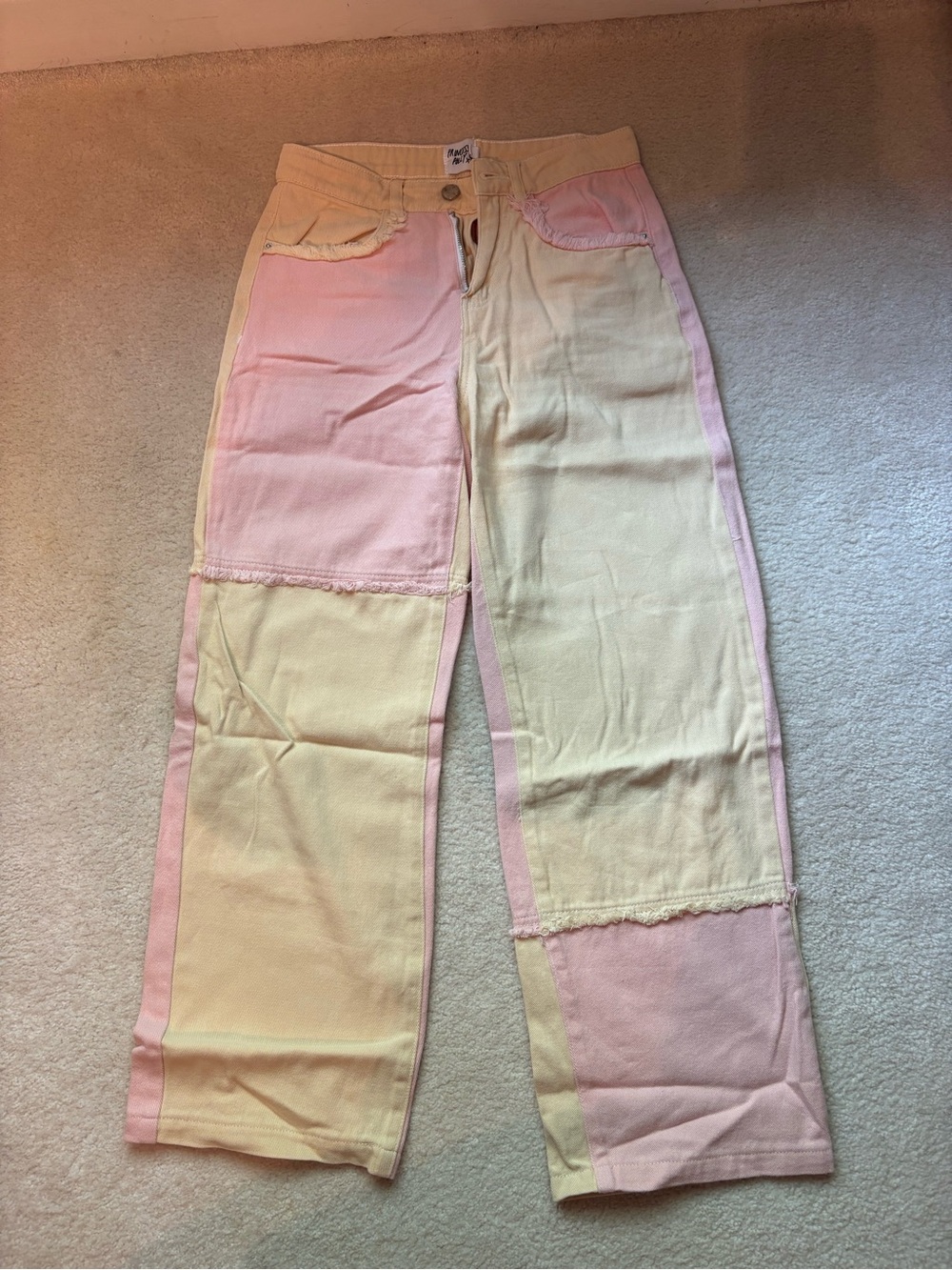 Princess Polly Pastel Pink and Yellow Patchwork Wide Leg Jeans